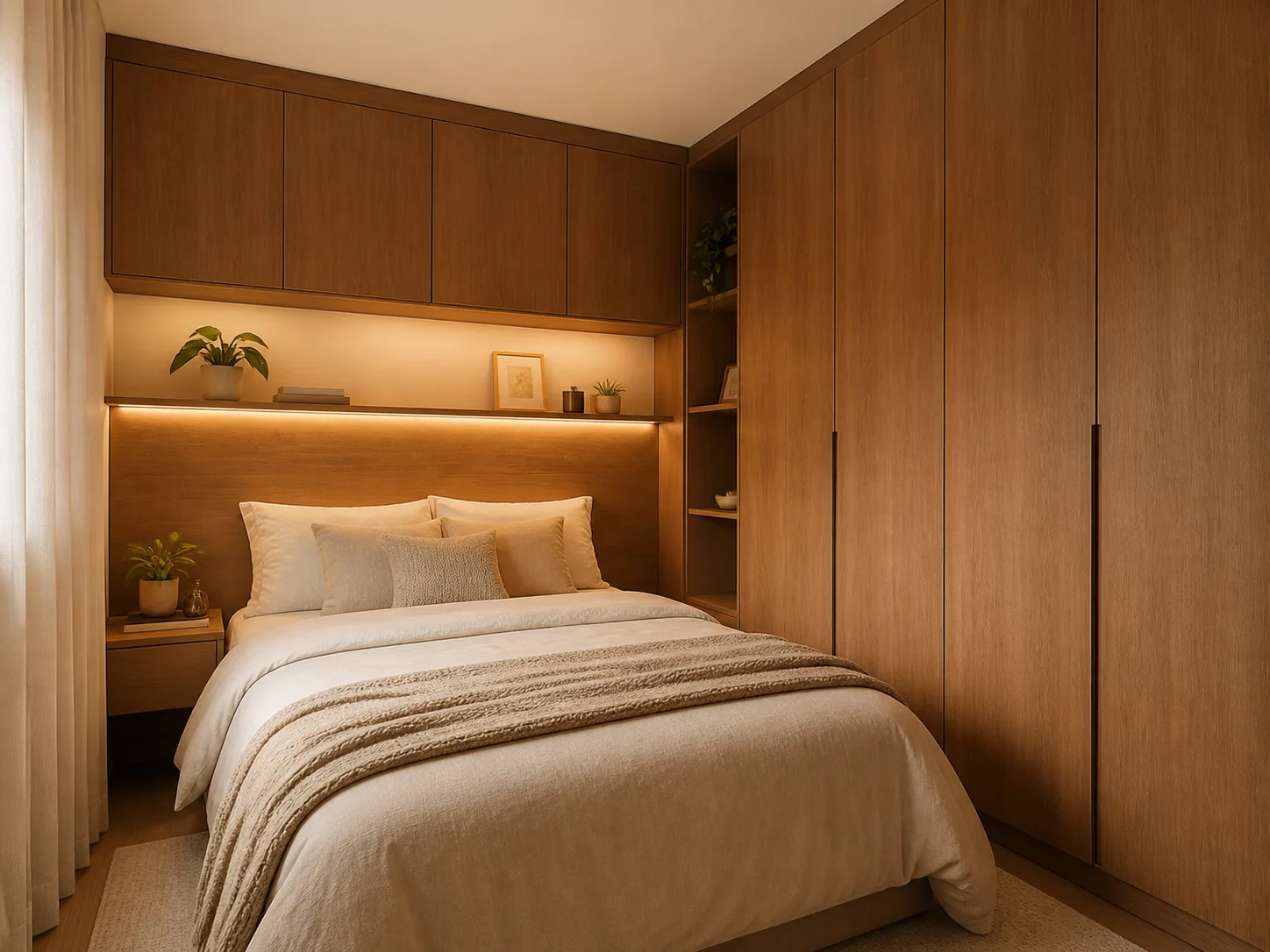 Quarto com guarda-roupa planejado e cabeceira em madeira