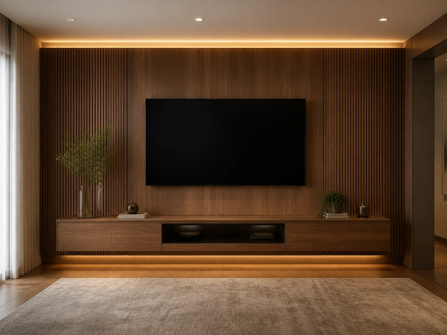 Sala com painel de televis&atilde;o e rack planejados