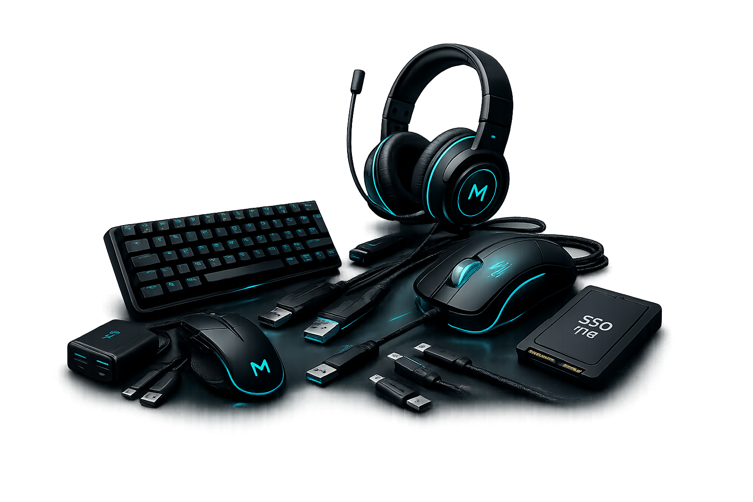 Conjunto de periféricos com headset, teclado, mouse, SSD e acessórios