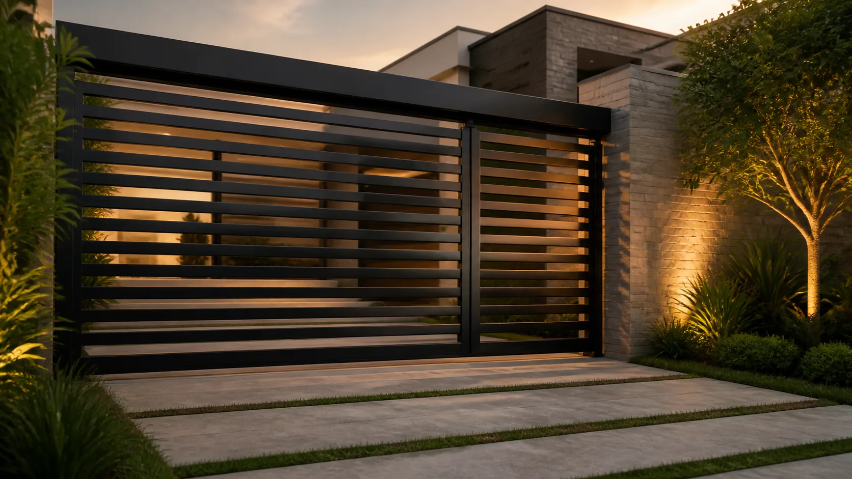 Portão metálico preto instalado em residência contemporânea