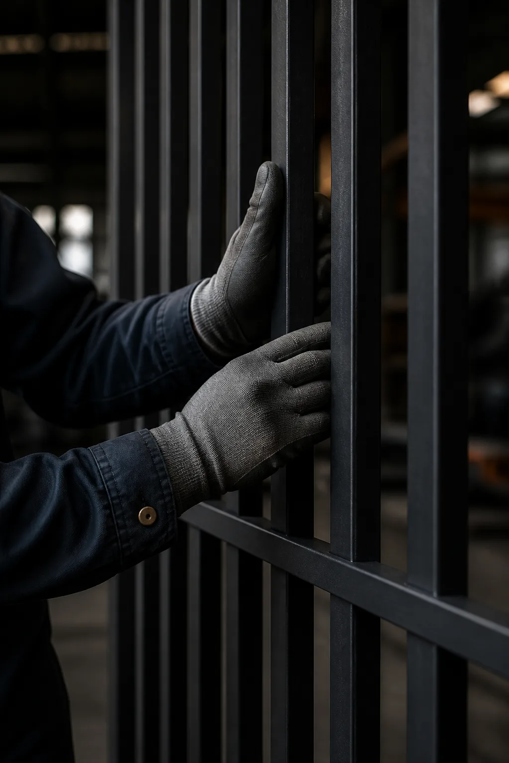 Profissional verificando o alinhamento e acabamento de uma estrutura metálica