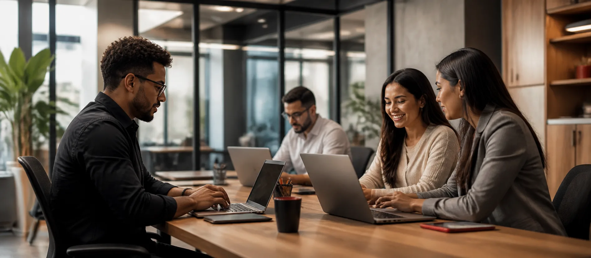 Equipe utilizando notebooks em um escritório