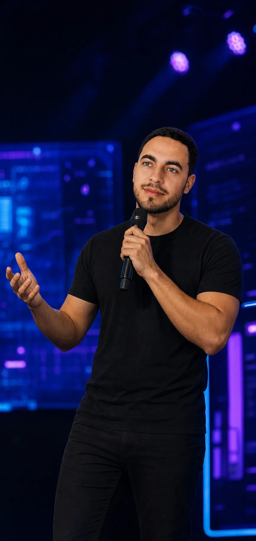 M&aacute;rio Henrique apresentando uma palestra sobre tecnologia em um palco iluminado