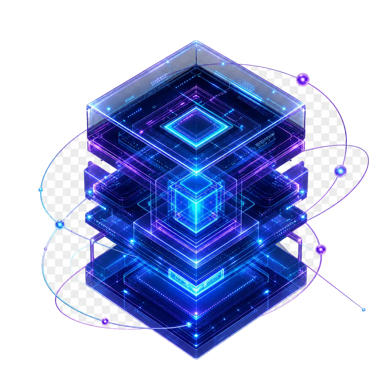 Cubo hologr&aacute;fico azul e violeta representando tecnologia e inova&ccedil;&atilde;o