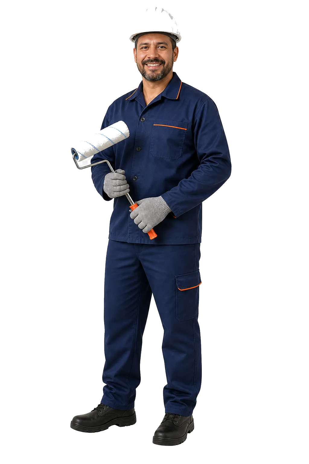 Profissional de pintura predial com capacete, uniforme e rolo de pintura