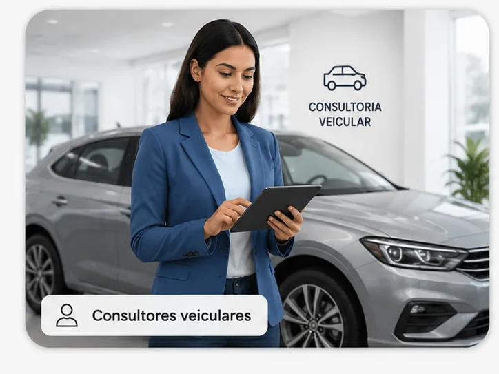 Consultora veicular usando um tablet ao lado de um automóvel