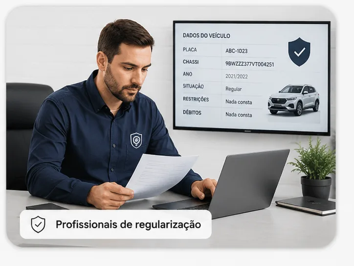 Profissional de regularização conferindo dados veiculares em tablet