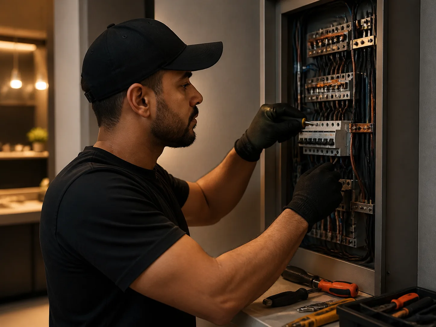Eletricista realizando manutenção em quadro elétrico