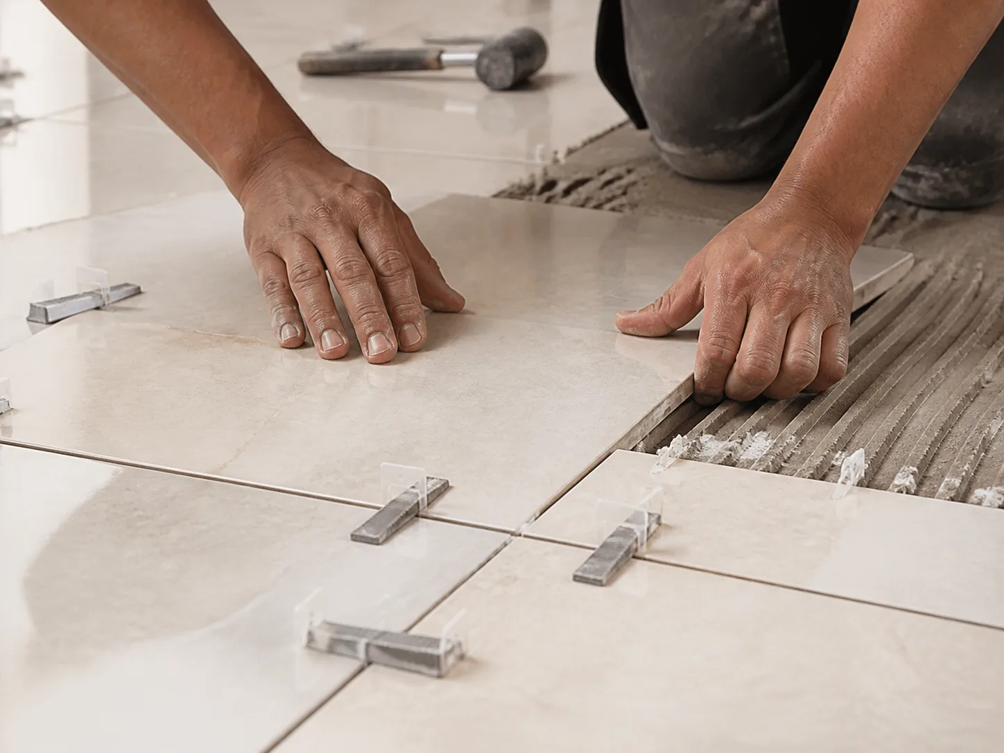 Profissional assentando placas de porcelanato