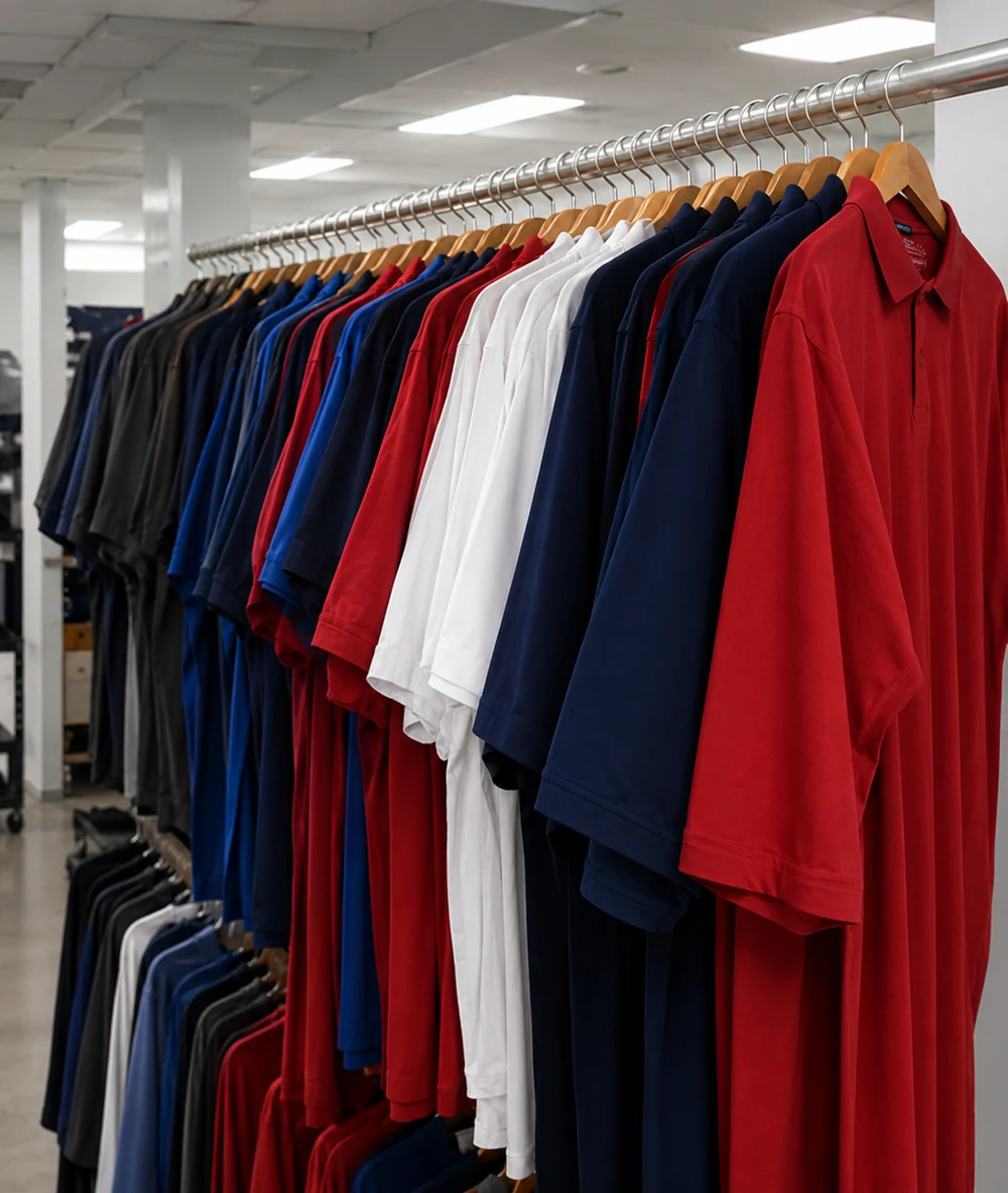 Camisas prontas organizadas na produção