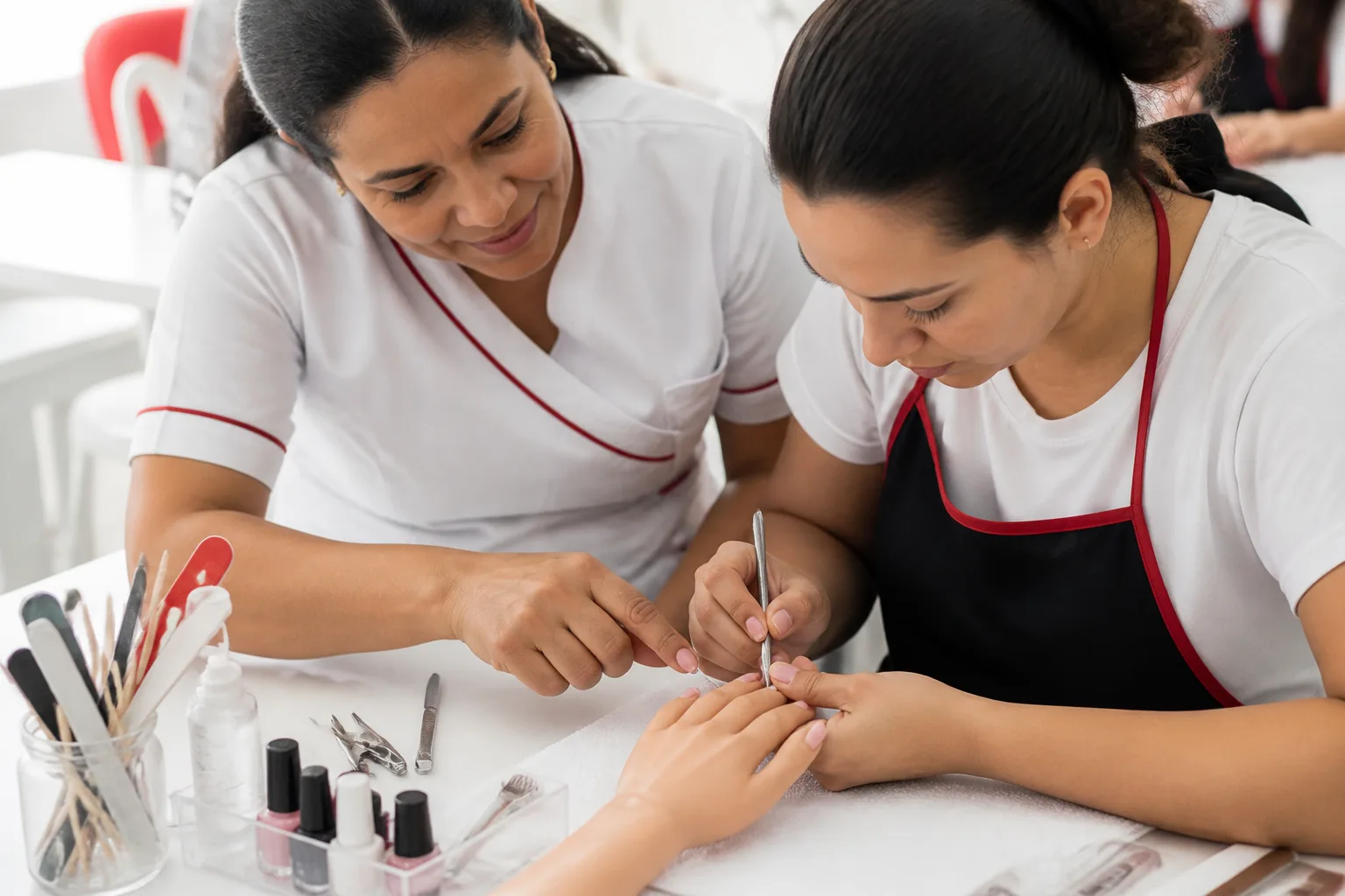 Treinamento pr&aacute;tico de manicure acompanhado por instrutora