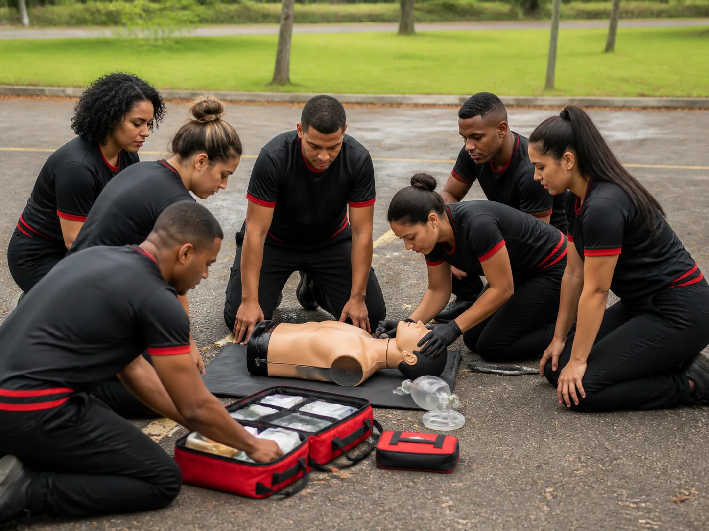 Grupo uniformizado participando de treinamento de primeiros socorros