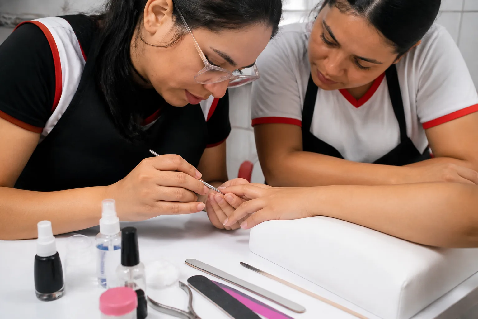 Alunas praticando t&eacute;cnicas de manicure com materiais profissionais